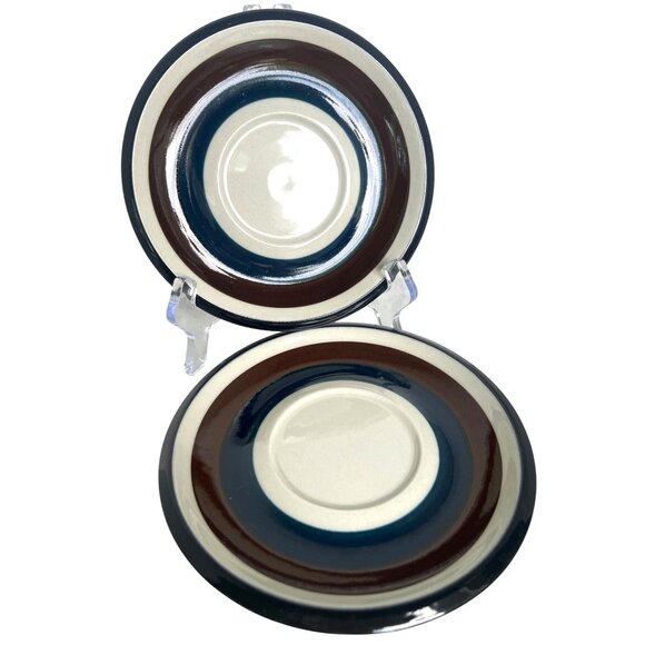 Set of 2 Arabia Finland Kaira 61 Saucer Plates 6" Brown Blue Stripes Vtg Ceramic - Picture 1 of 5